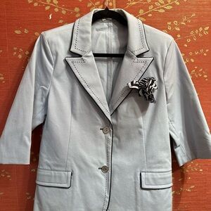 Elegant Women's Baby Blue Blazer with Black Piping & Magic Handkerchief